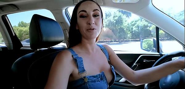  Busty MILF stepmother gives a blowjob to son in the car